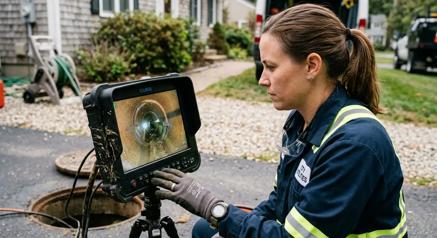 Technician reviewing sewer camera inspection footage in Mount Hood Villages