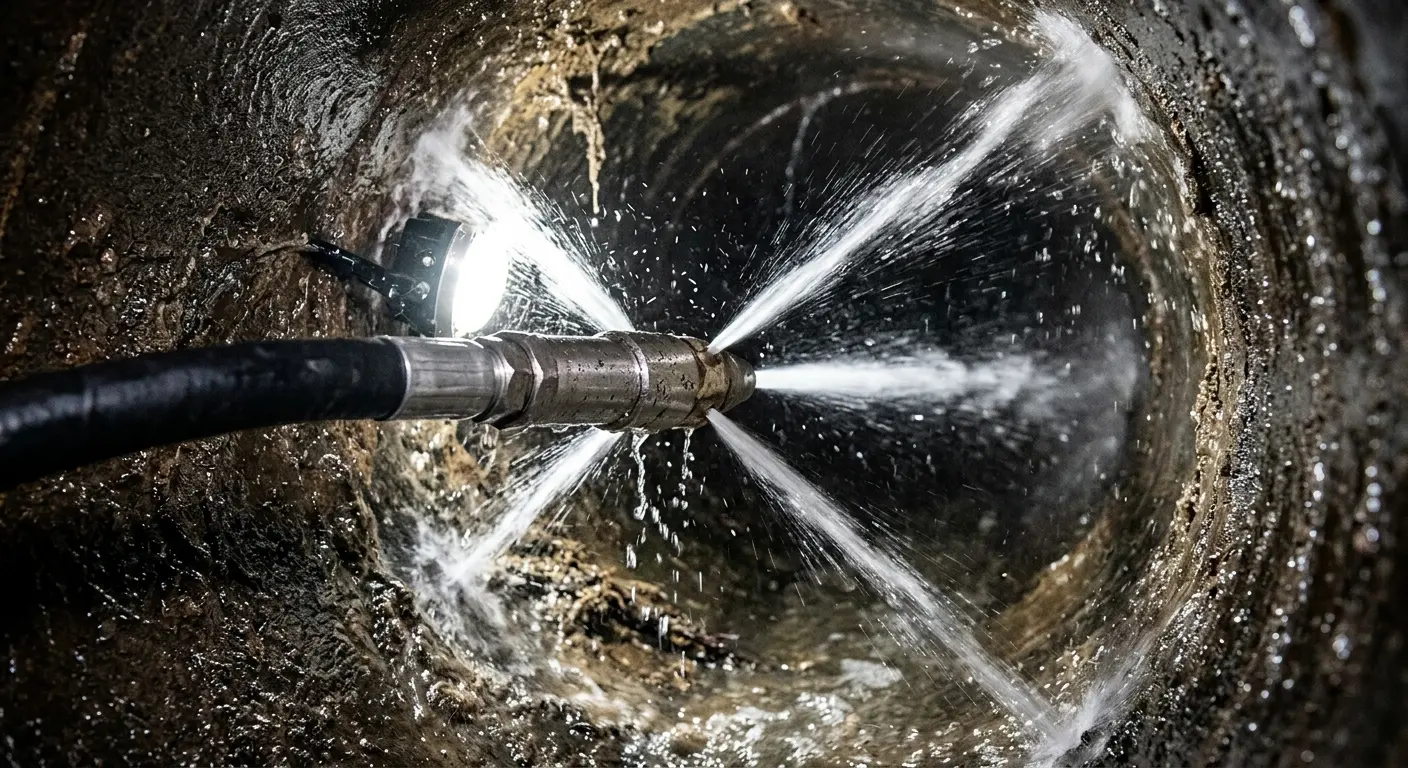 High-pressure hydro jetting nozzle cleaning sewer pipe for Emergency Drain Service in Mount Hood Villages