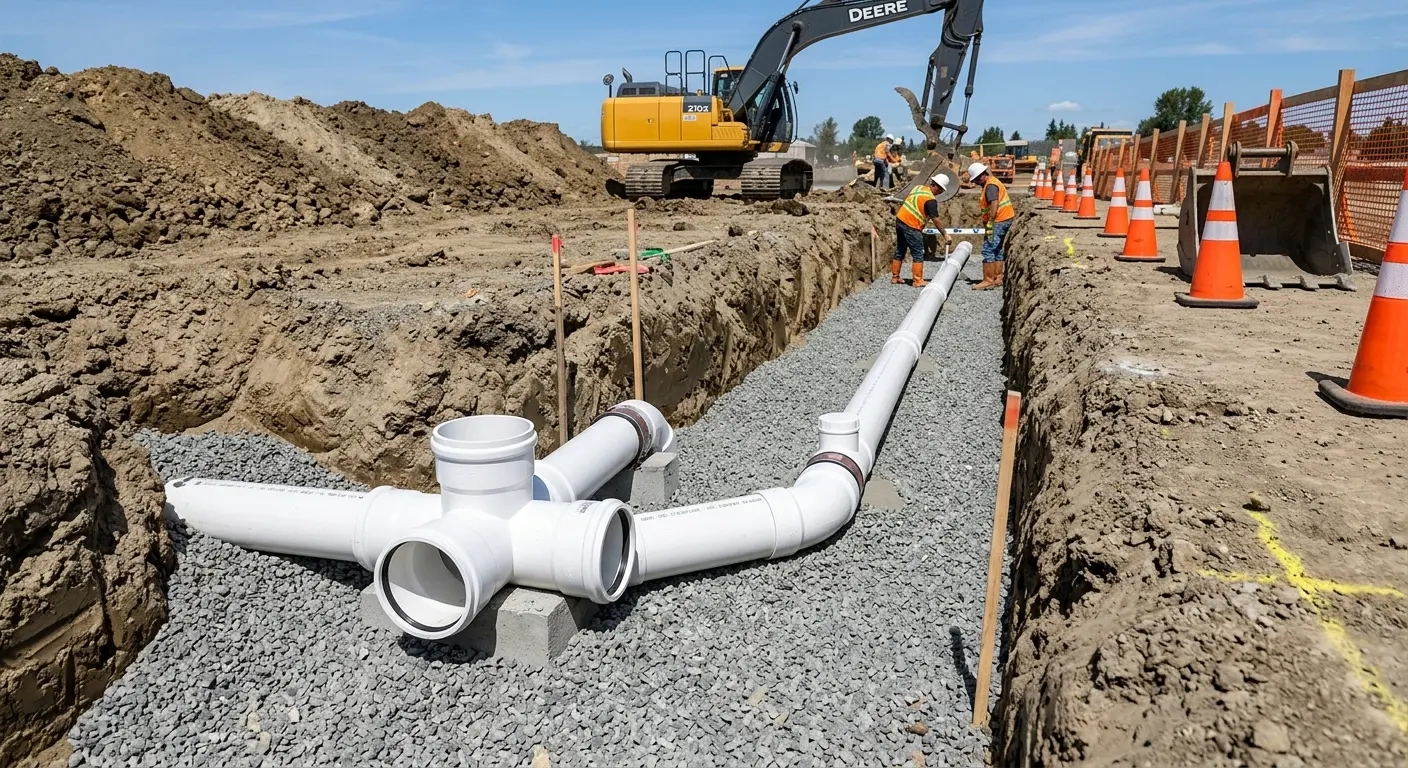 New PVC sewer pipe installation in open trench for Grease Trap Cleaning in Mount Hood Villages