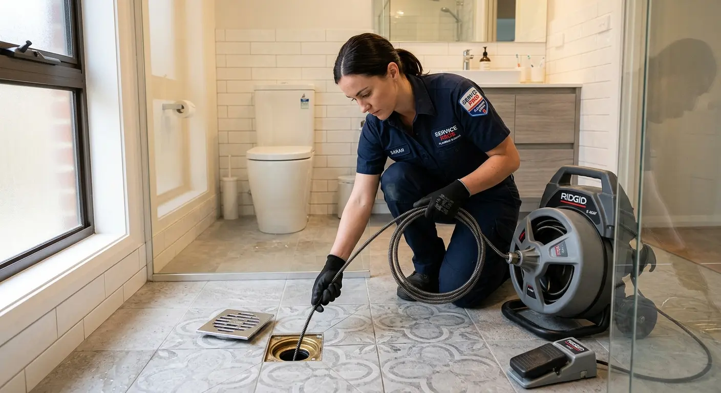 Technician clearing a bathroom floor drain for Sewer Line Installation in Mount Hood Villages